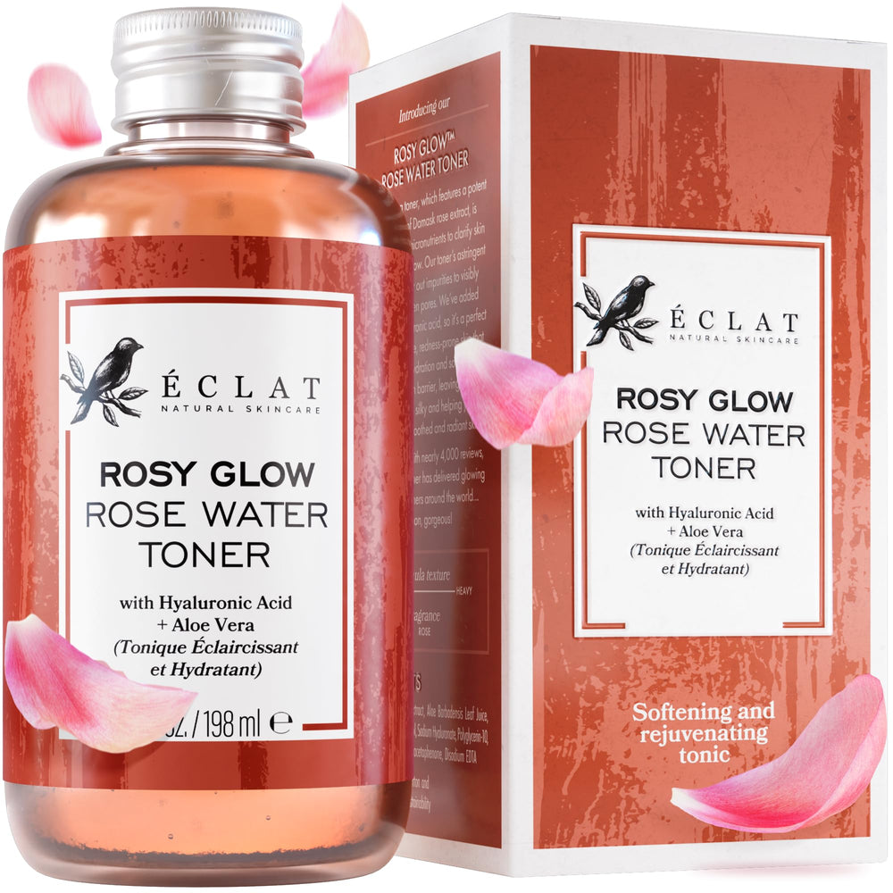 Eclat Skincare Rose Water Toner bottle shows a hydrating formula for refreshed skin