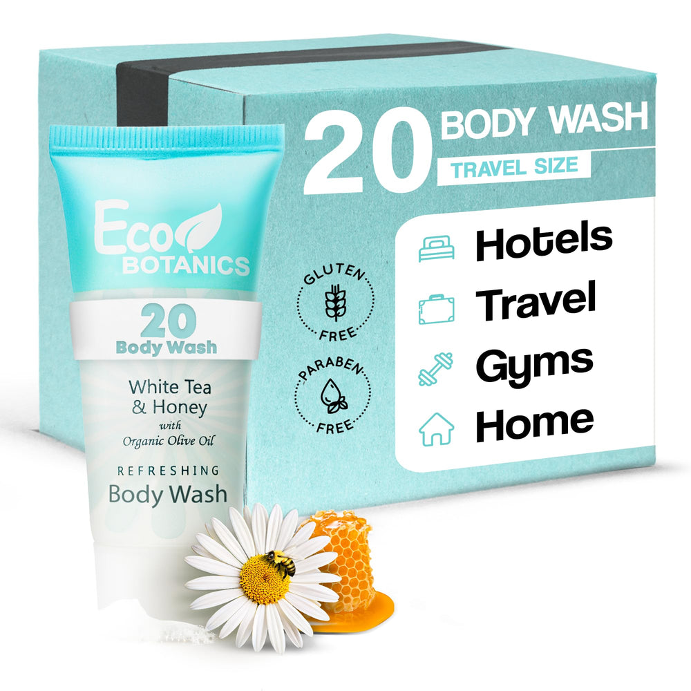 Eco Botanics travel size body wash bottle for hotels and guest rooms.