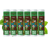 Eco Lips Mongo Kiss 6-pack tubes closeup, peppermint for dry lips.
