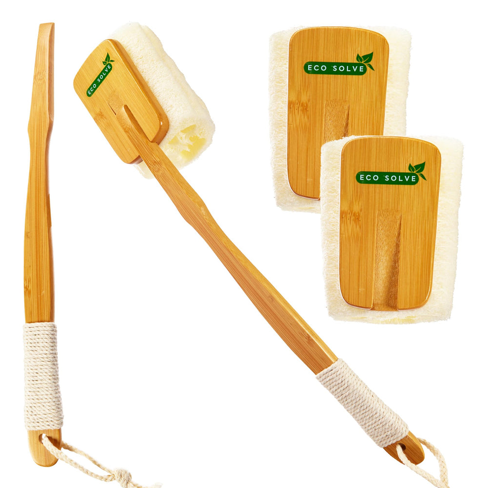 Eco Solve natural loofah shower scrubber with bamboo handle delivering gentle exfoliation.