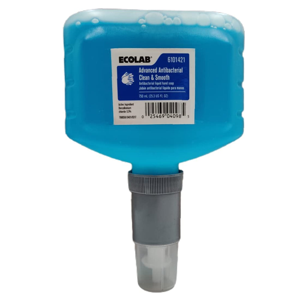Ecolab Advanced Antibacterial Clean & Smooth bottle front promoting moisturized, clean hands.