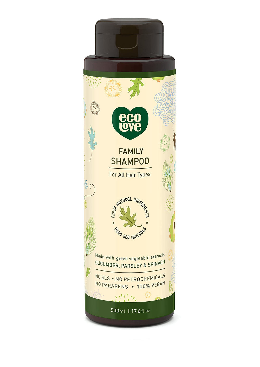 EcoLove natural shampoo bottle highlights sulfate-free vegan formula for all hair types.