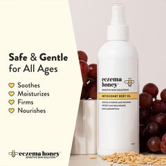 ECZEMA HONEY antioxidant body oil application on skin delivers soothing moisture.