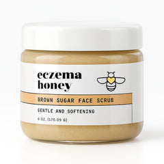 ECZEMA HONEY brown sugar scrub jar application shows gentle exfoliation for smoother skin