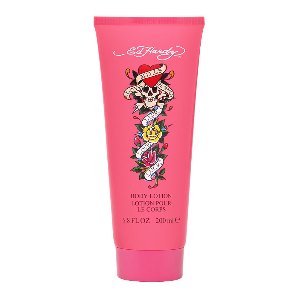 ED HARDY Christian Audigier body lotion bottle close-up for daily hydration and smooth skin