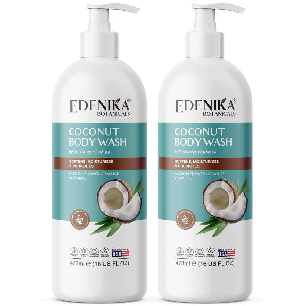 EDENIKA BOTANICALS Coconut Body Wash bottle front showing moisturizing formula for dry skin