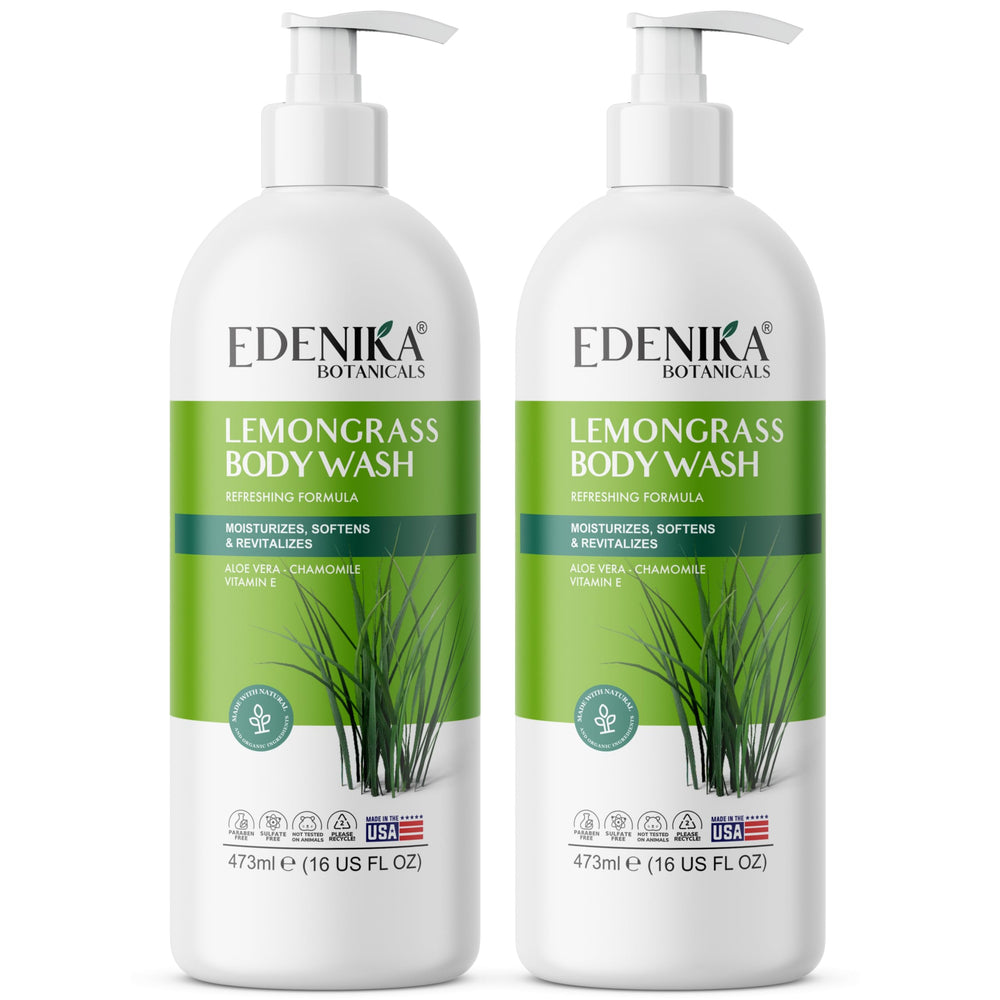 EDENIKA BOTANICALS Lemongrass body wash bottle front, refreshing citrus scent.