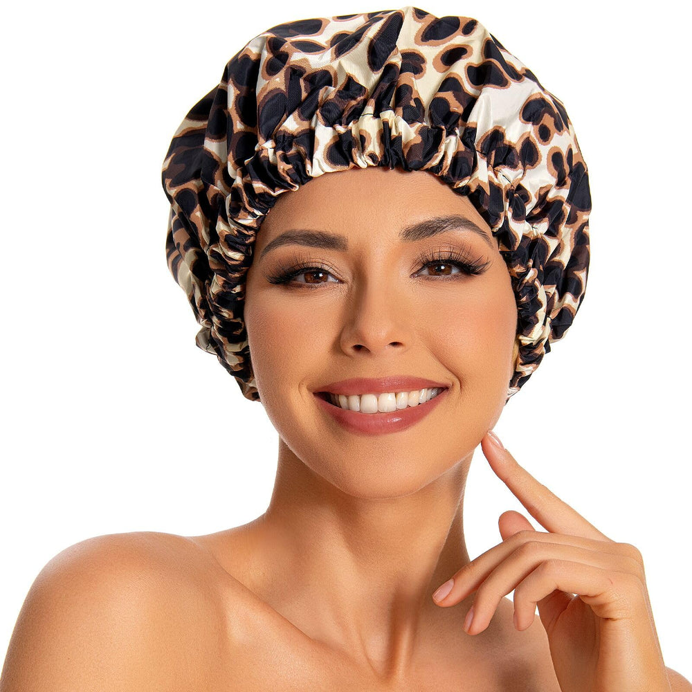 Edoneery Leopard Shower Cap close-up highlights waterproof fabric and secure elastic fit.