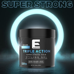 E Elegance Earth Fragrance application gesture illustrates easy triple-action styling for all hair types.