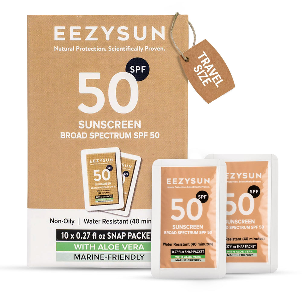 EEZYSUN mineral SPF50 travel packs for on-the-go sun protection
