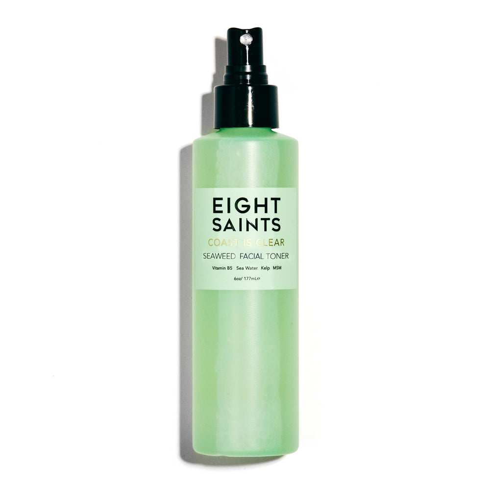 Eight Saints Coast is Clear toner bottle demonstrates purifying, alcohol-free skincare for smoother pores.