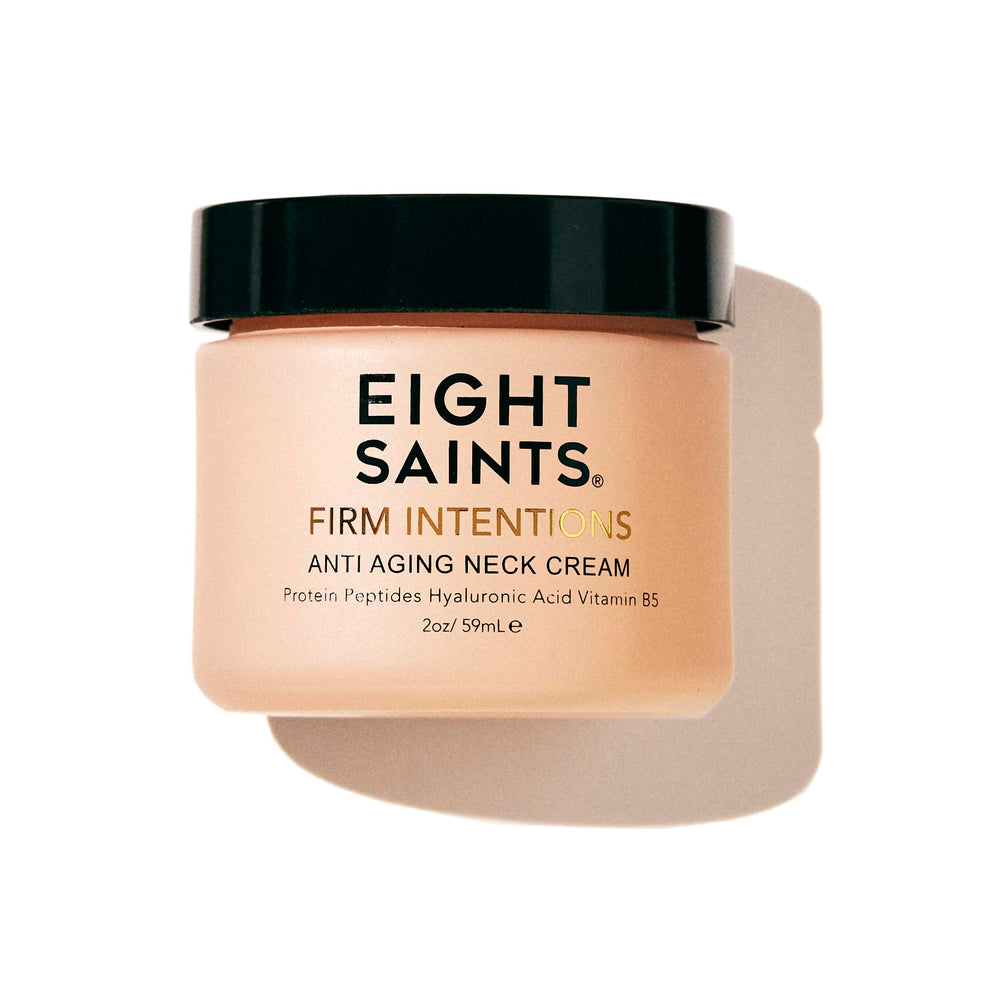 Eight Saints neck cream jar closeup showing rich texture for firming the neck