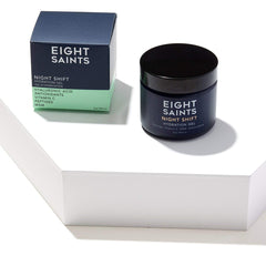 Eight Saints Night Shift ingredient label close-up highlights hyaluronic acid and vitamin C.