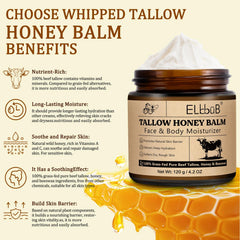 ELBBUB Whipped Tallow Cream ingredients closeup highlights grass-fed tallow and honey benefits.