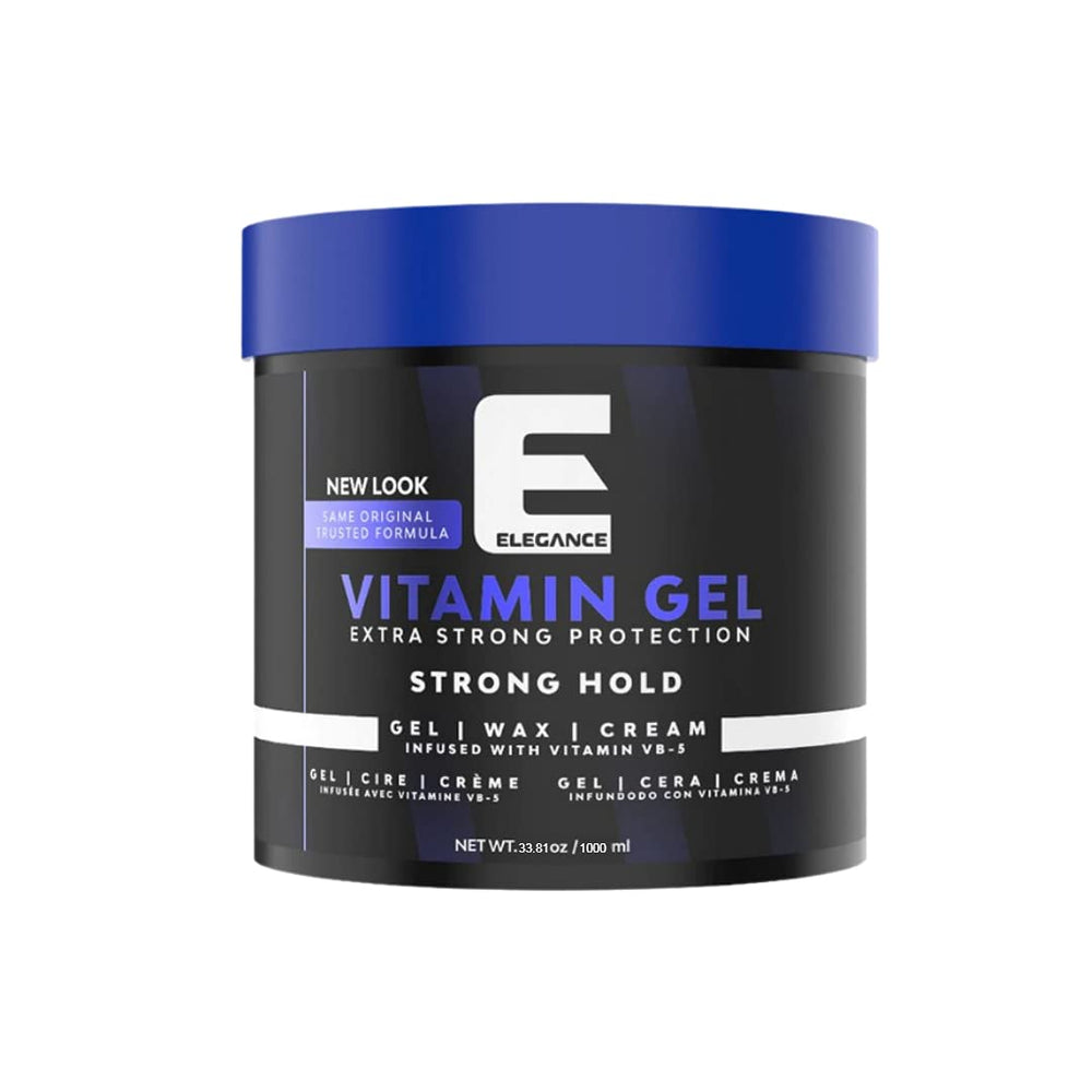 E Elegance Vitamin Gel bottle front demonstrates strong hold for all-day style.