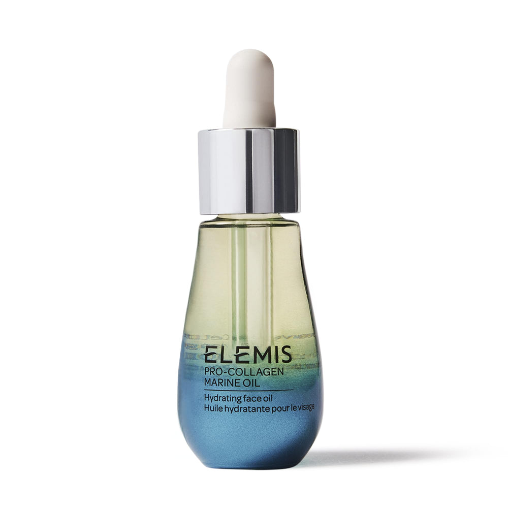 ELEMIS Pro-Collagen Marine Oil bottle closeup for lightweight hydration and smooth skin texture.