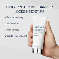 ELEMIS Pro-Radiance hand-nail-cream application demonstrates quick absorption and smooth skin
