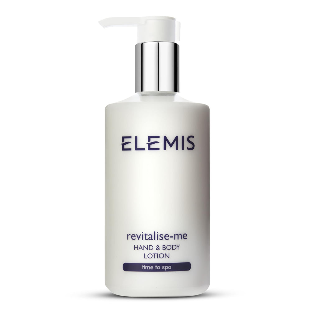 ELEMIS Revitalise-Me Hand & Body Lotion bottle on vanity delivers deep hydration for satin-smooth skin.