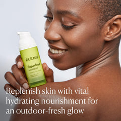 ELEMIS Superfood Day Cream jar closeup highlights creamy formula for skin nourishment.