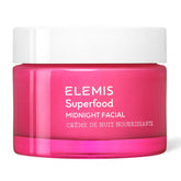 ELEMIS Superfood Midnight Facial bottle close-up shows hydrating night cream benefits.