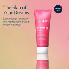 ELEMIS Superfood Midnight Facial jar label emphasizes vitamin C-rich camu camu infusion.