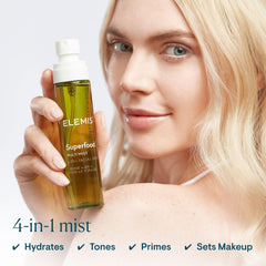 ELEMIS Superfood Multi Mist pump close-up demonstrates a smooth, even spray for priming.