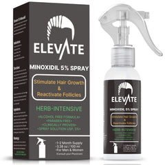Elevate 5% Minoxidil spray bottle shows an alcohol-free, fast-absorbing formula for daily use