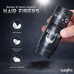 Elevate Hair Fibers application dusting close-up for quick thinning-area coverage.
