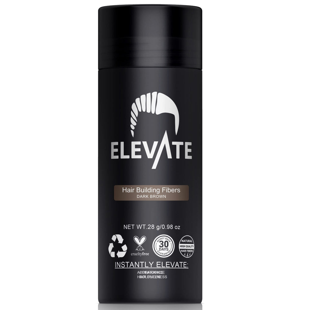 Elevate Hair Fibers dark brown 28g bottle for quick thinning-area thickening.