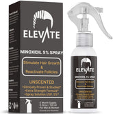 Elevate hair regrowth spray bottle demonstrates targeted minoxidil application for fuller-looking hair.