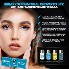Elevate The Beauty Brow Lamination Kit contents displayed with brushes and solutions for easy DIY lamination
