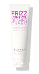 ELEVEN AUSTRALIA Frizz Control Shaping Cream bottle demonstrates easy, frizz-free smoothing for defined curls.