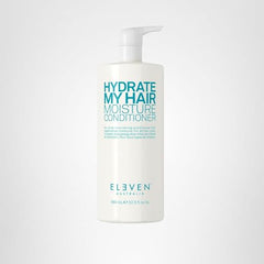 ELEVEN AUSTRALIA Hydrate My Hair conditioner label closeup highlights hydrating ingredients.