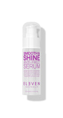 ELEVEN AUSTRALIA Smooth & Shine Serum bottle closeup showing lightweight frizz control for sleek hair.