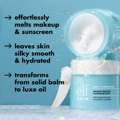 e.l.f. SKIN Holy Hydration balm melting texture close-up shows cleansing oil transition.