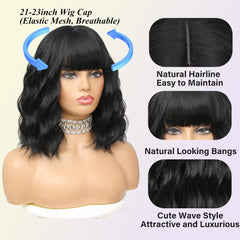 Elfairy black wig 12in side view highlights smooth silhouette and all-day comfort