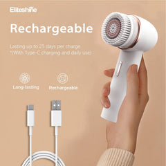 Eliteshine electric facial cleansing brush rechargeable battery highlights long-lasting power.