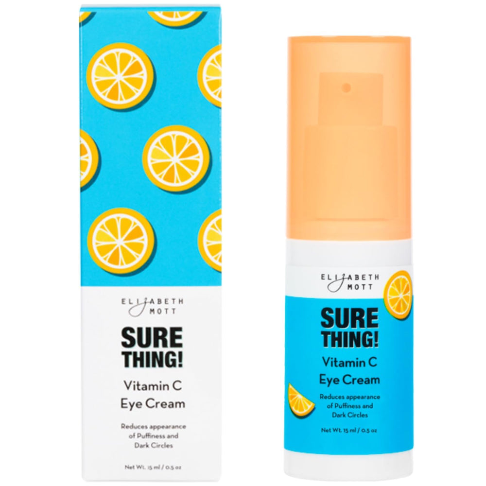 Elizabeth Mott Sure Thing Vitamin C Eye Cream bottle highlights brightening, hydrating care.