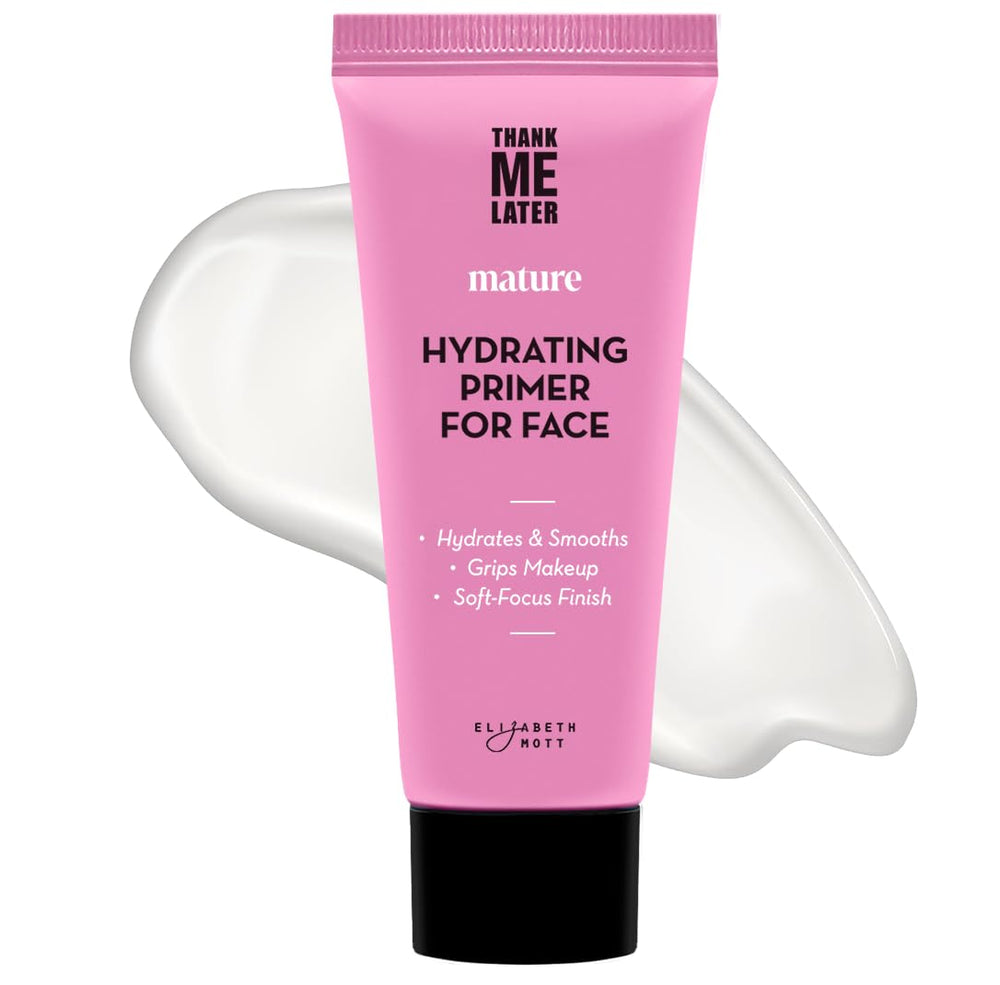 Elizabeth Mott Thank Me Later primer bottle for smooth, hydrated skin prep.