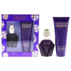 Elizabeth Taylor Passion perfume bottle on satin surface for evening wear.