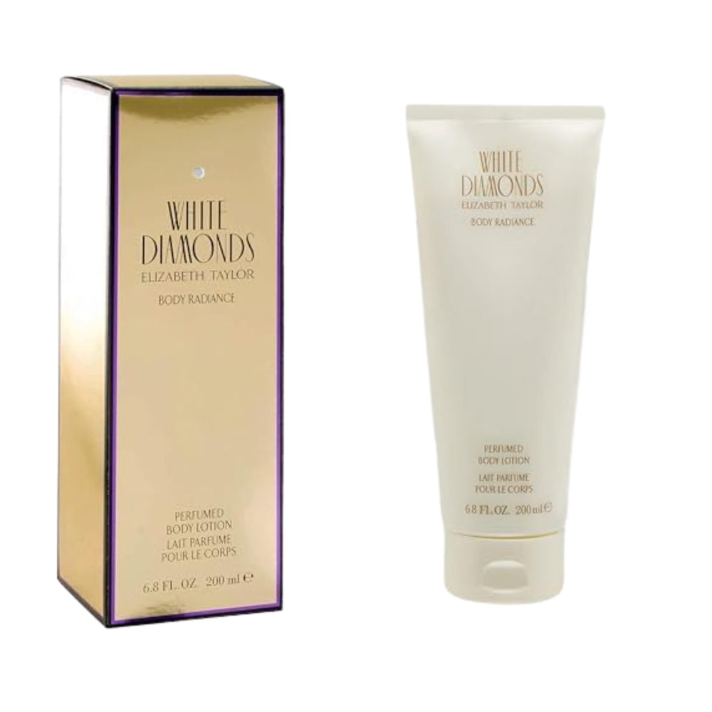 Elizabeth Taylor White Diamonds body lotion bottle provides lightweight hydration for daily use.