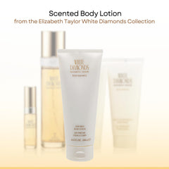 Elizabeth Taylor White Diamonds body lotion cream swatch shows rich texture for smooth application.