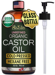 Ella & Eden castor oil 32oz glass bottle with pump for mess-free use and storage.