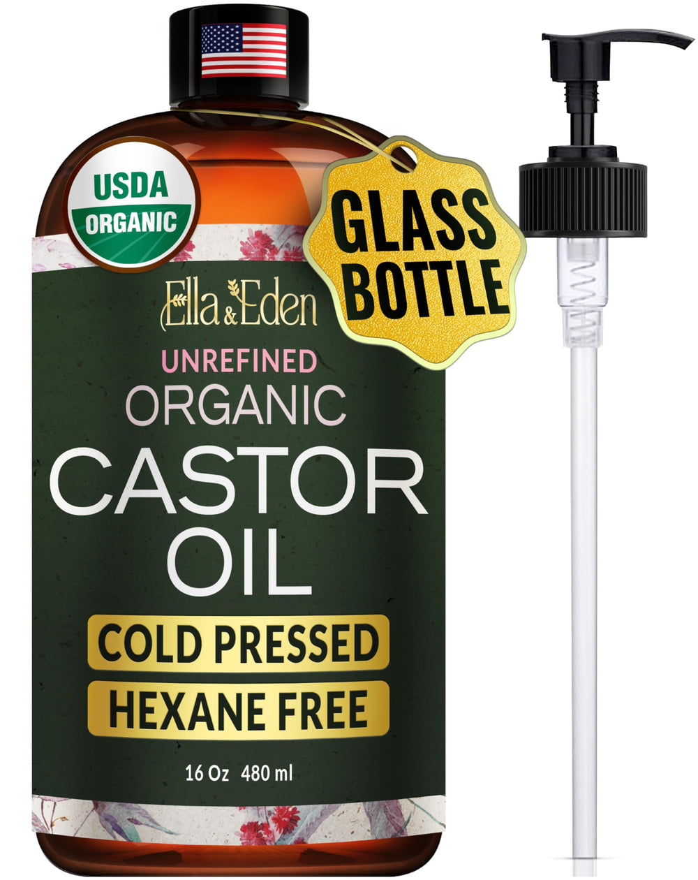 Ella & Eden castor oil bottle in glass for freshness and easy pump dispensing.