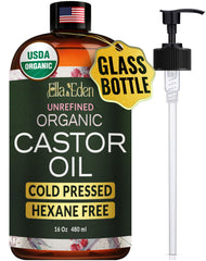 Ella & Eden castor oil bottle in glass for freshness and easy pump dispensing.