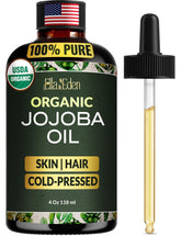 Ella & Eden Jojoba Oil bottle highlights pure oil for skin hydration.