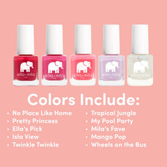 ella-mila me collection acetone-free formula shown on bottle for a safe-feeling finish.