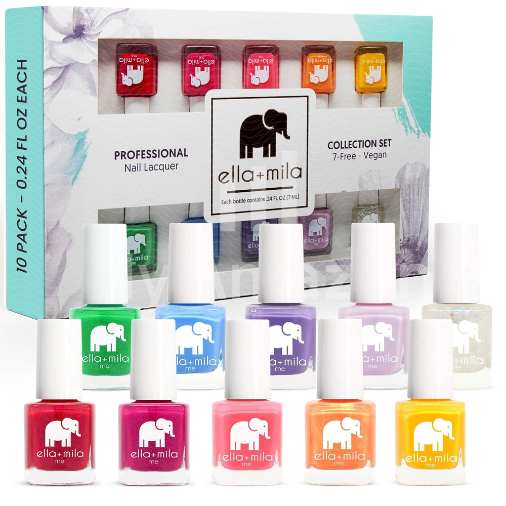 ella-mila me collection ten-pack bottles close-up showcasing vibrant colors for quick-dry nails.