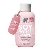 Ella Mila soy nail polish remover bottle shows non-acetone, gentle nail care.