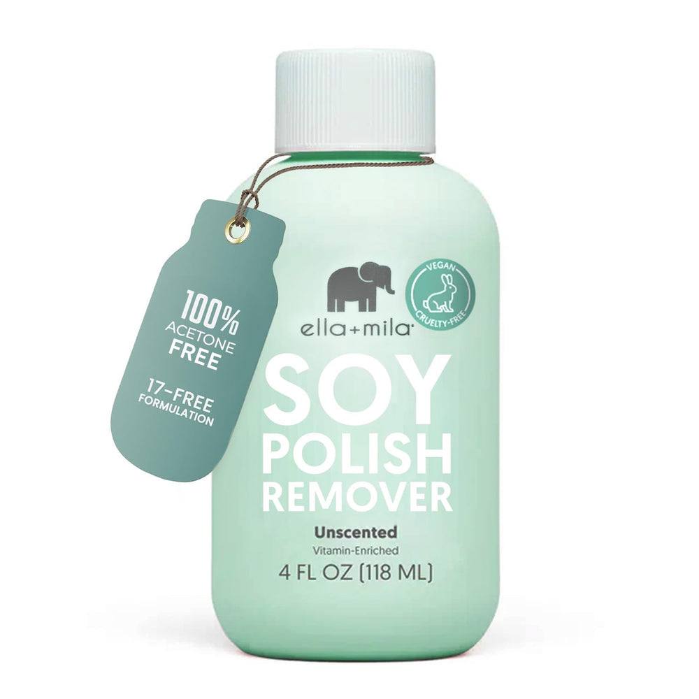 ella-mila soy nail polish remover bottle shows unscented, non-acetone formula for gentle removal